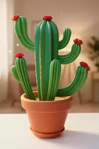 Cute Potted Cactus 3D Model Plant Red Flowers Terracotta Pot