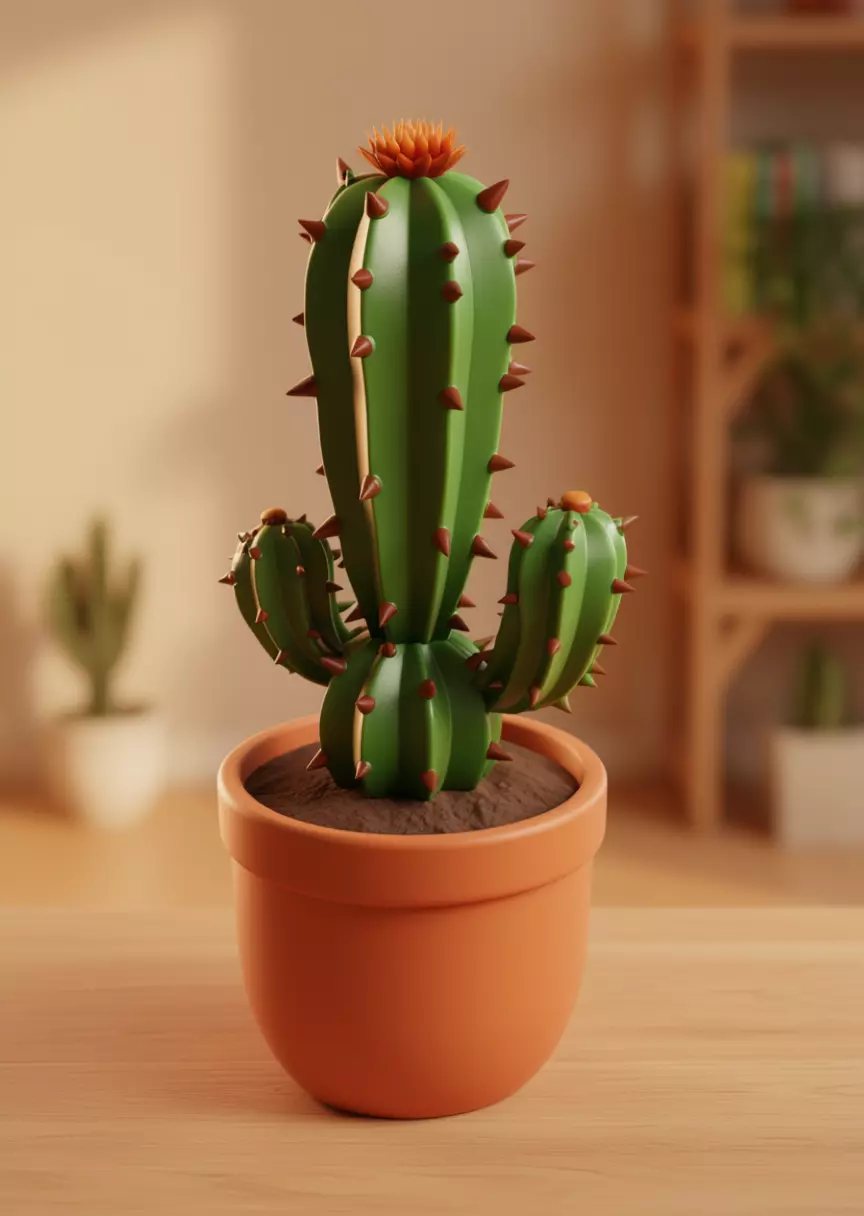Realistic Potted Cactus 3D Green Plant Spikes Terracotta Pot Low-poly 3D model_0