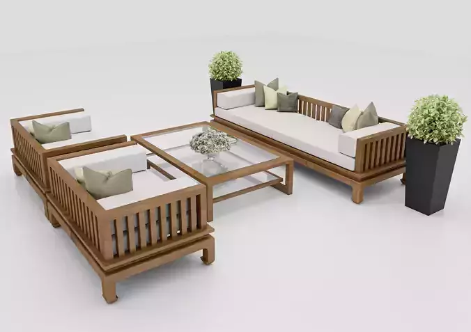 Wooden Sofa Set with Glass Coffee Table
