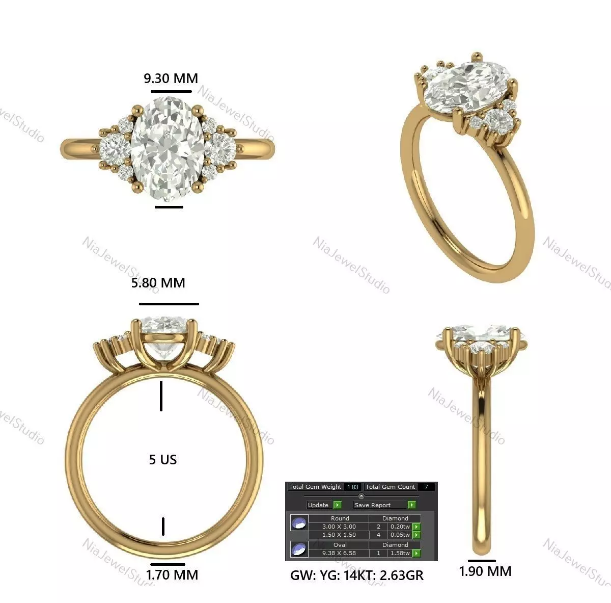 Oval Diamond Cluster Ring-3D CAD Model 3D print model_4