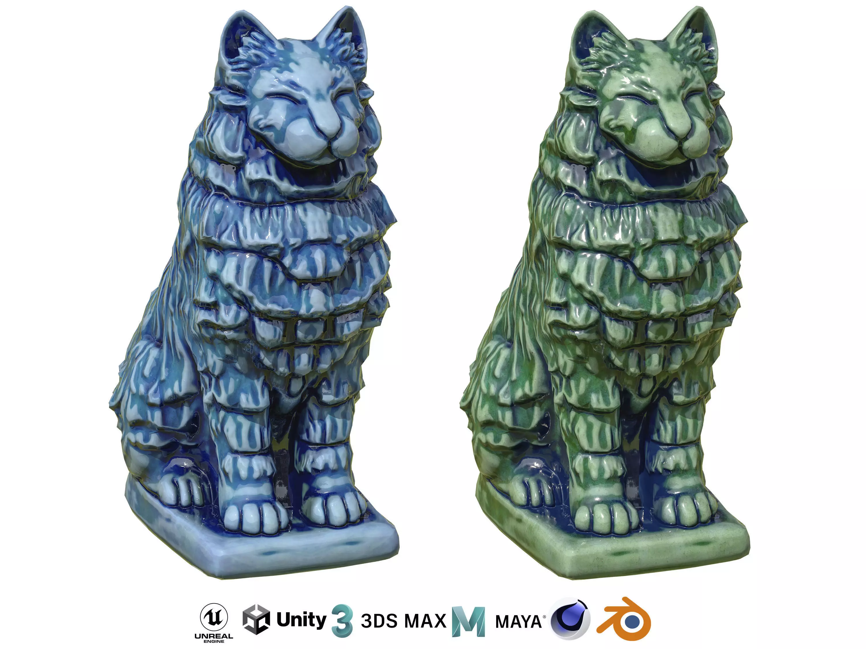 Furred cat Porcelain statues Low-poly 3D model_0