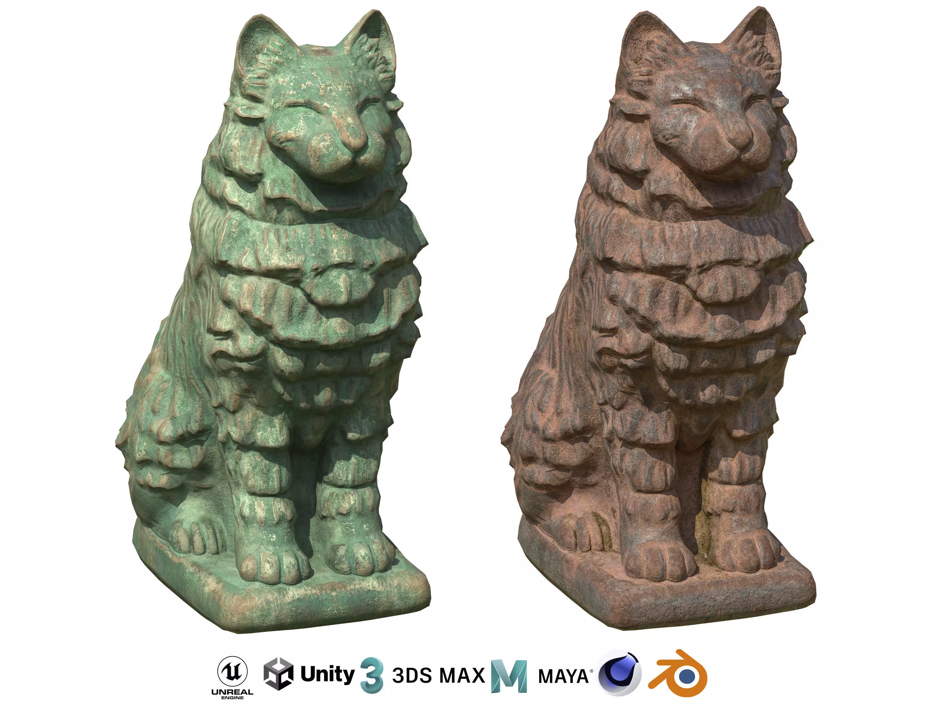 Furred cat rusted statues Low-poly 3D model_0