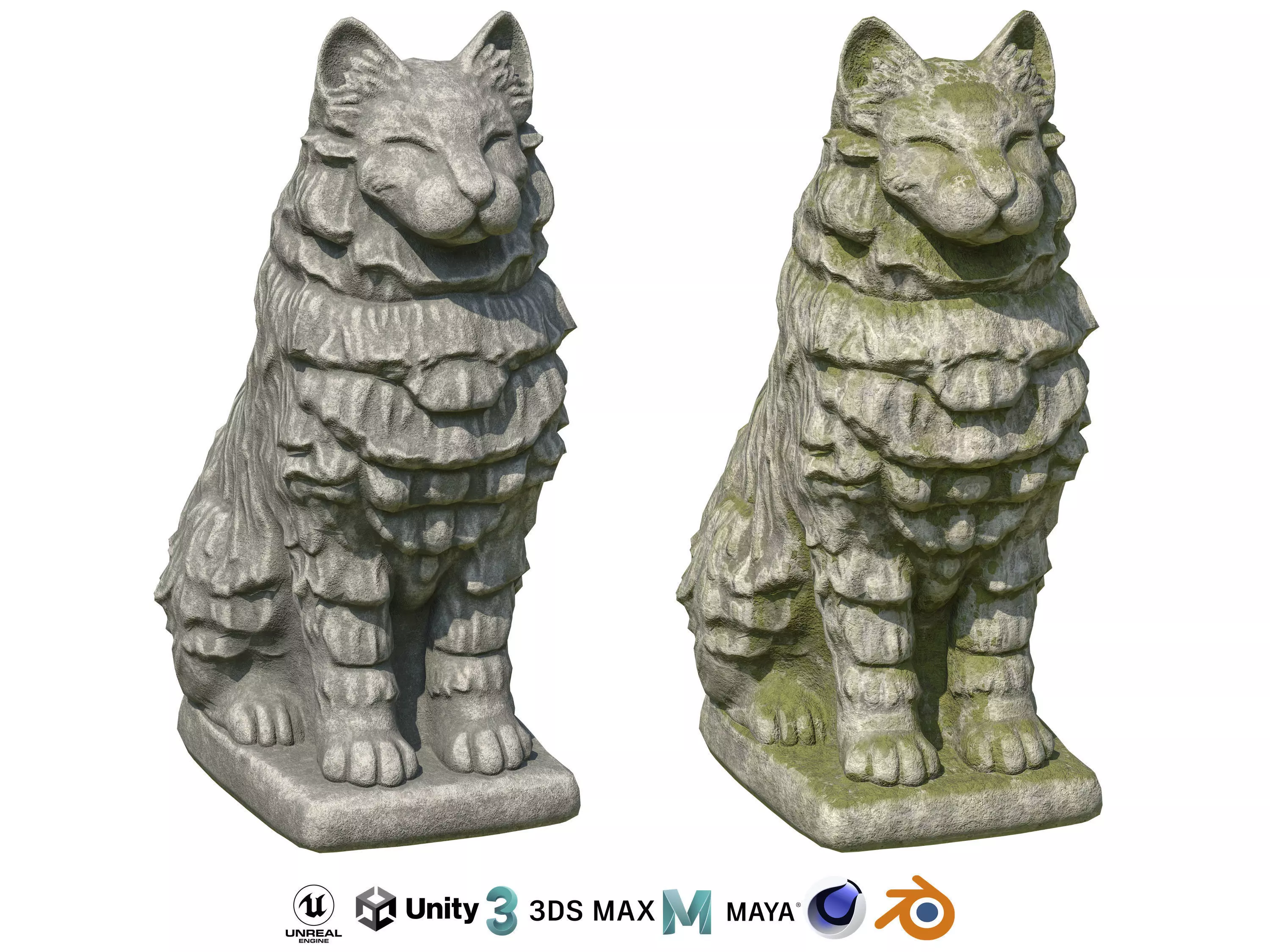Furred cat stone statues Low-poly 3D model