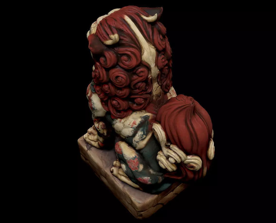 Japanese Komainu - Guardian Lion-Dog Statue Tattoo Low-poly 3D print model_5