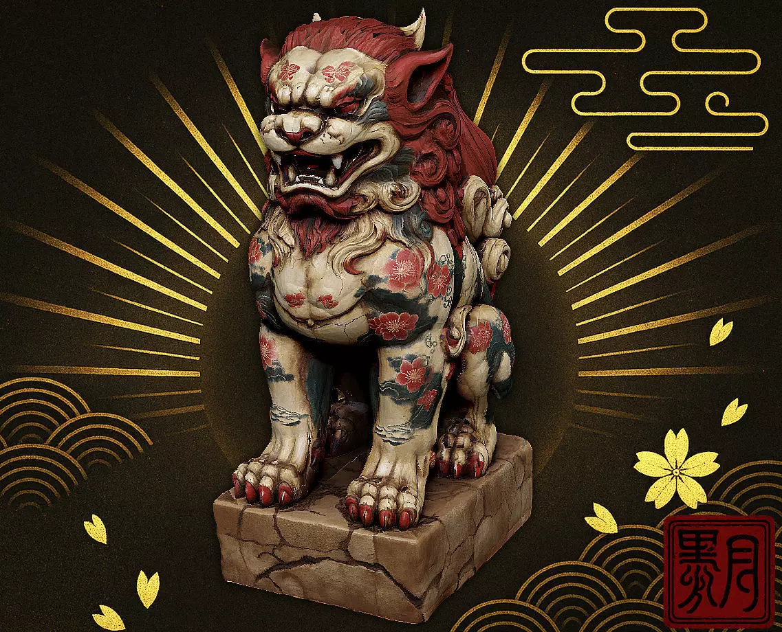 Japanese Komainu - Guardian Lion-Dog Statue Tattoo Low-poly 3D print model_0