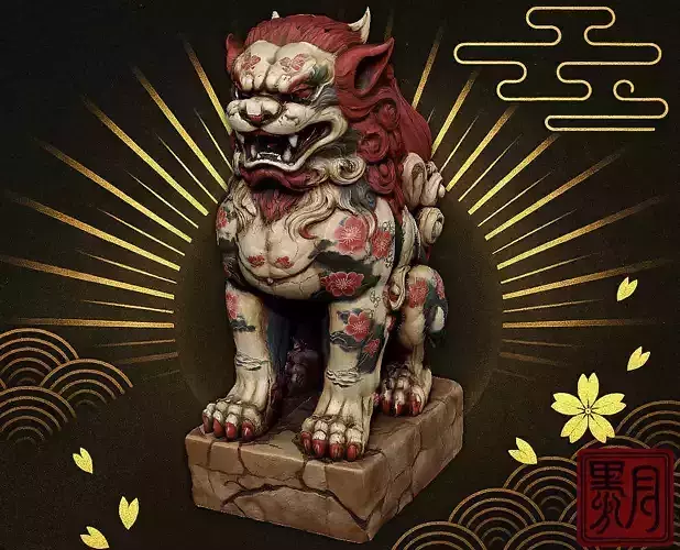 Japanese Komainu - Guardian Lion-Dog Statue Tattoo Low-poly