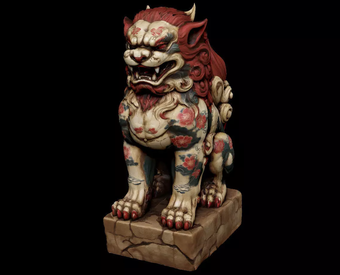 Japanese Komainu - Guardian Lion-Dog Statue Tattoo Low-poly 3D print model_1