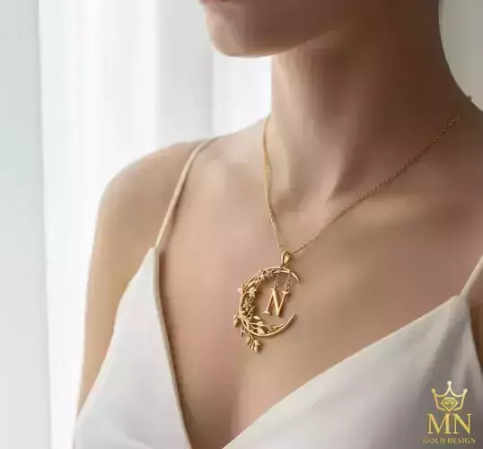 Golden Moon Necklace with  N  Pendant Unique and Elegant Design