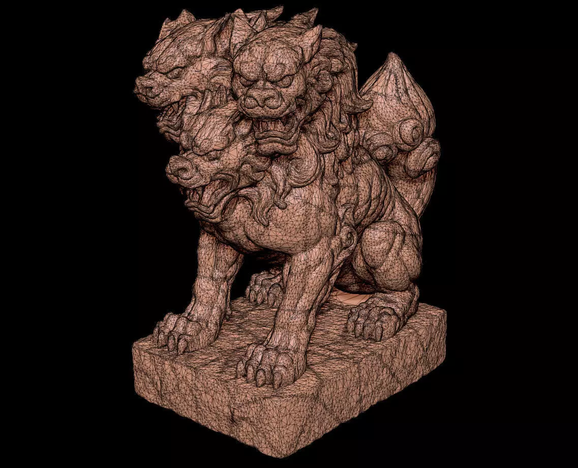 Japanese Komainu Cerberus - 3-Headed Guardian Lion-Dog Statue 3D print model_7