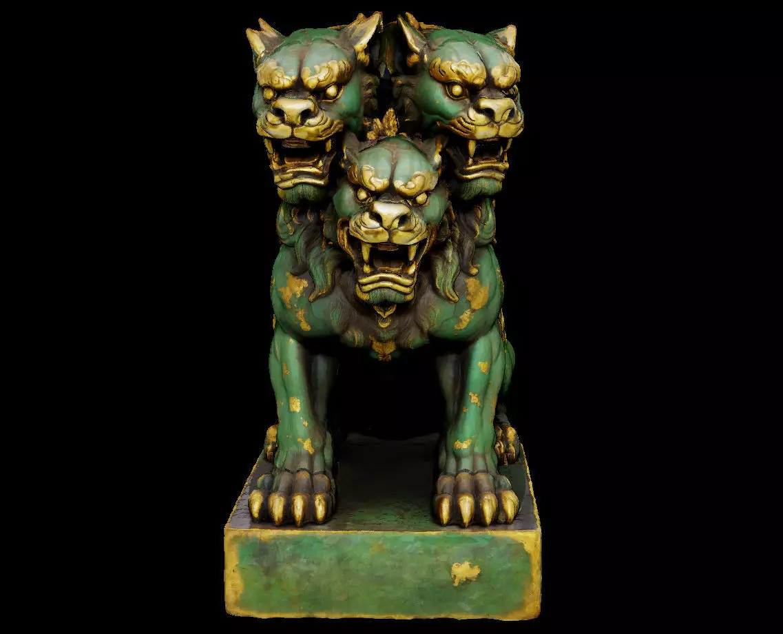 Japanese Komainu Cerberus - 3-Headed Guardian Lion-Dog Statue 3D print model_2