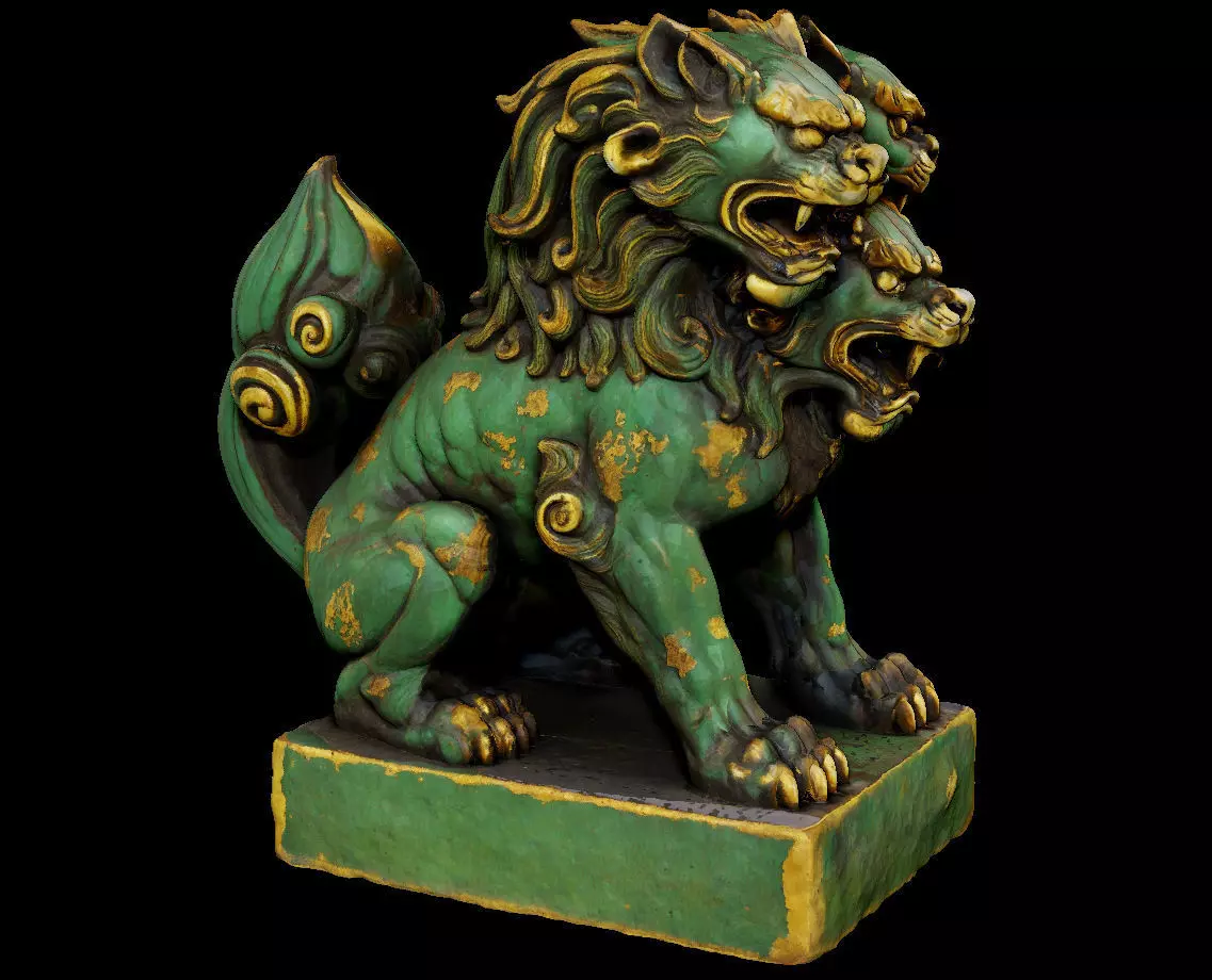 Japanese Komainu Cerberus - 3-Headed Guardian Lion-Dog Statue 3D print model_3
