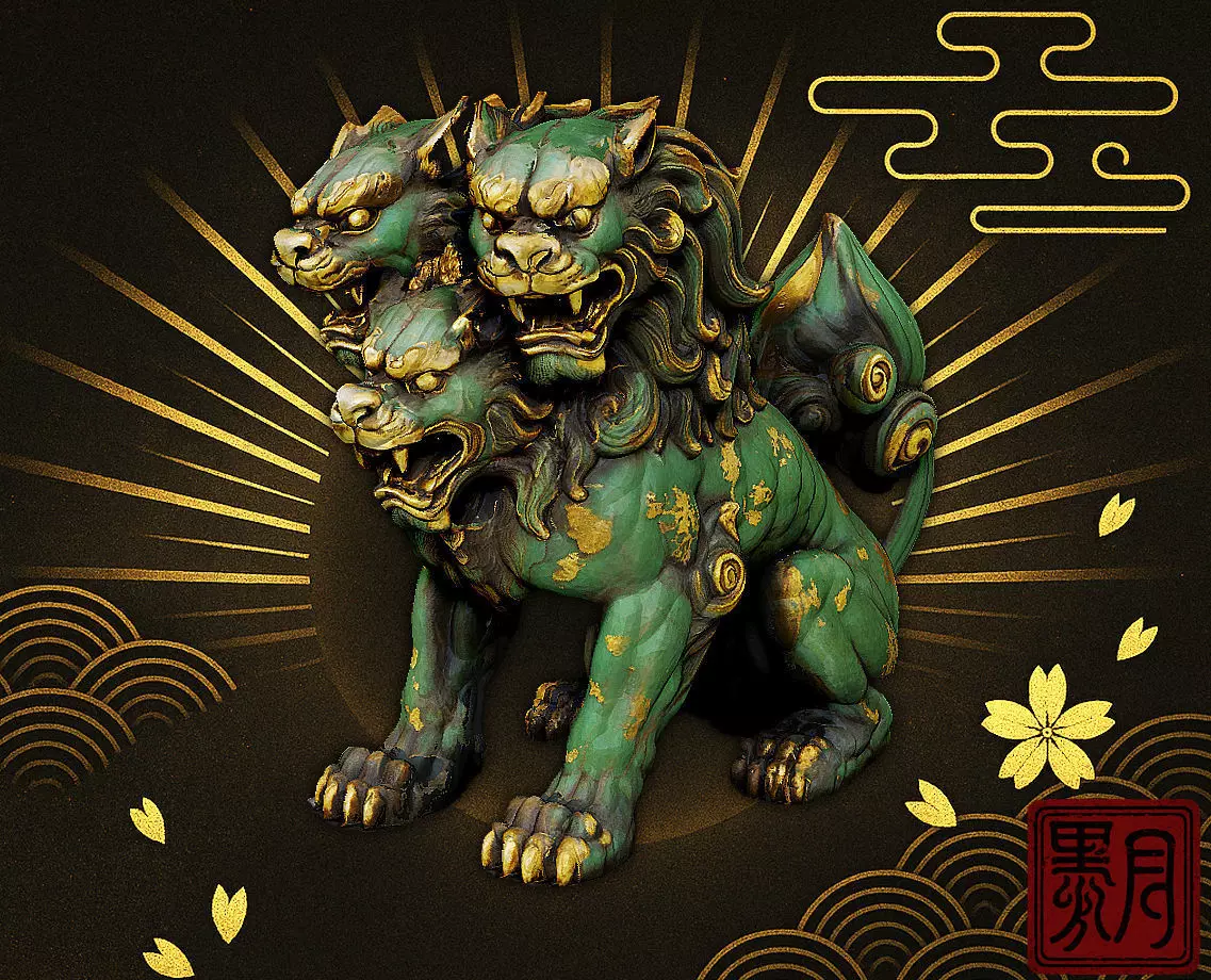 Japanese Komainu Cerberus - 3-Headed Guardian Lion-Dog Statue 3D print model_0