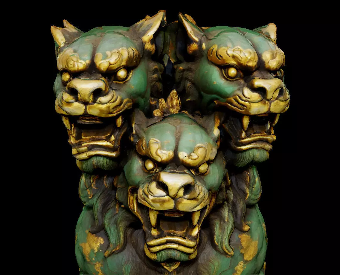 Japanese Komainu Cerberus - 3-Headed Guardian Lion-Dog Statue 3D print model_6