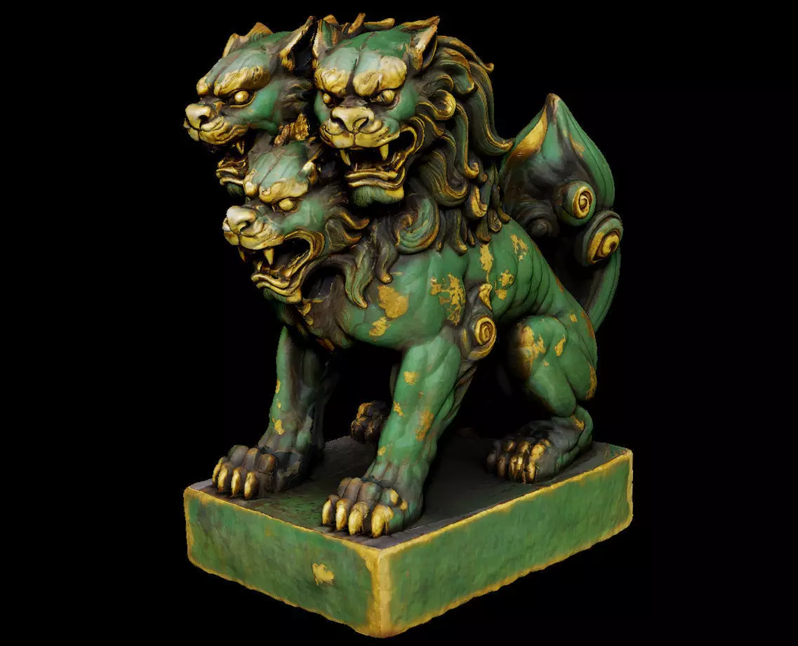 Japanese Komainu Cerberus - 3-Headed Guardian Lion-Dog Statue 3D print model_1