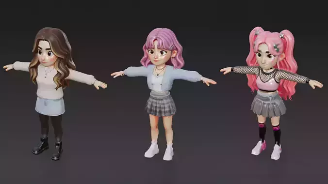 Cartoon Asian Style Women 3D Rigged Characters Pack