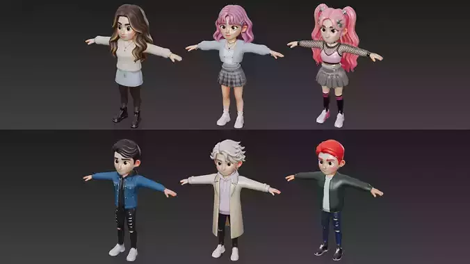 Cartoon Asian Style Male and Female 3D Rigged Characters Pack