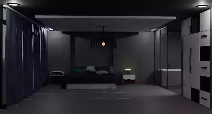 Stylized Bedrom Scene with bathroom