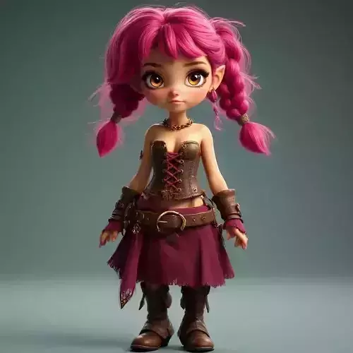 A playful curious character design featuring bright pink hair