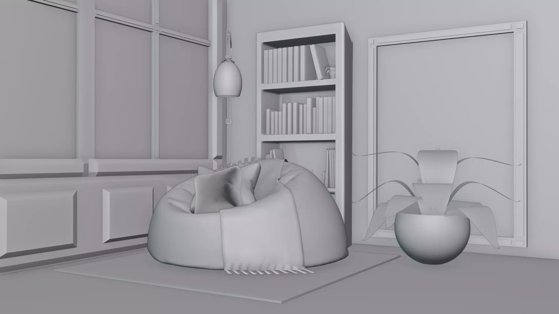 Cozy Corner 3D Scene  Bean Bag     Lamp   Bookshelf 3D model_4