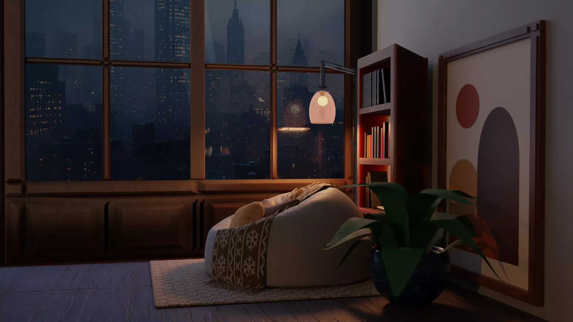 Cozy Corner 3D Scene  Bean Bag     Lamp   Bookshelf 3D model_2