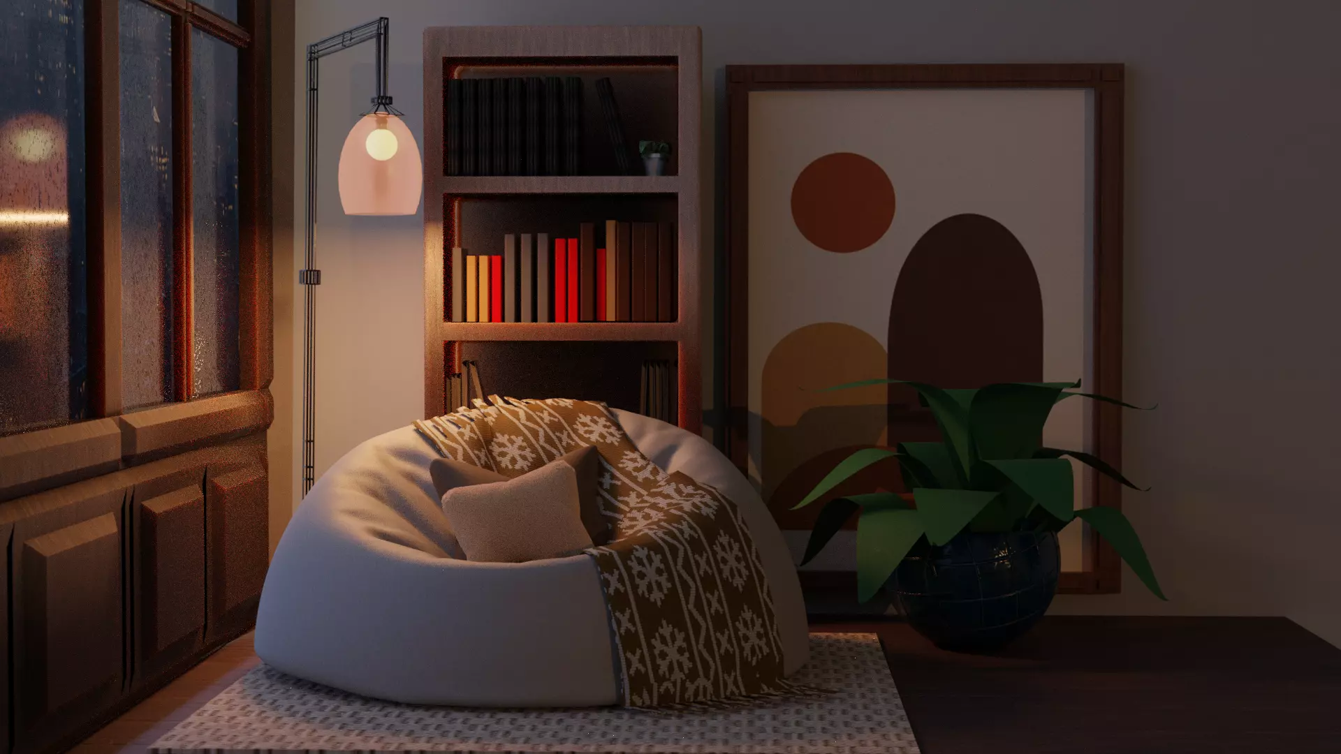 Cozy Corner 3D Scene  Bean Bag     Lamp   Bookshelf 3D model_1