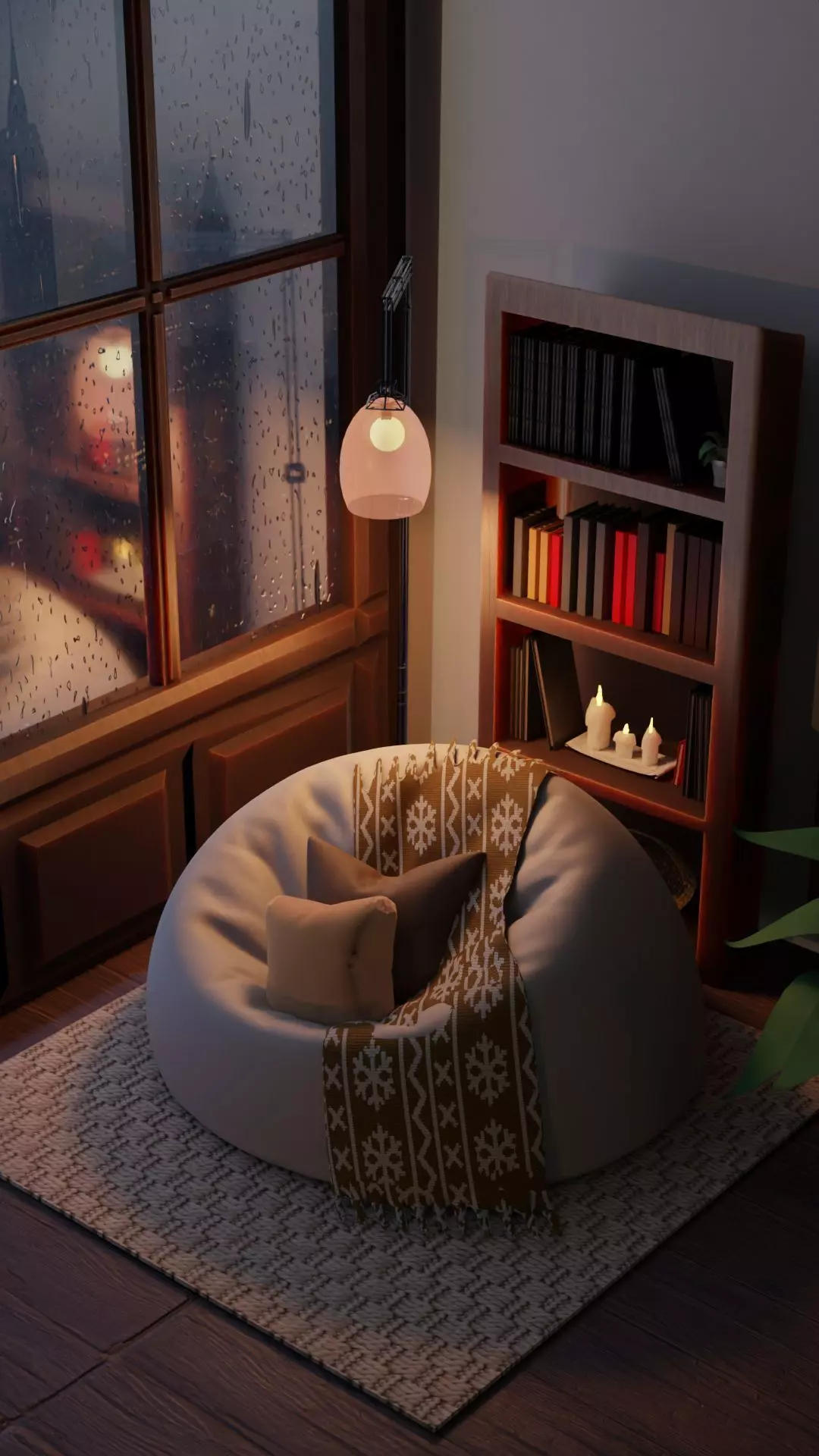 Cozy Corner 3D Scene  Bean Bag     Lamp   Bookshelf 3D model_3