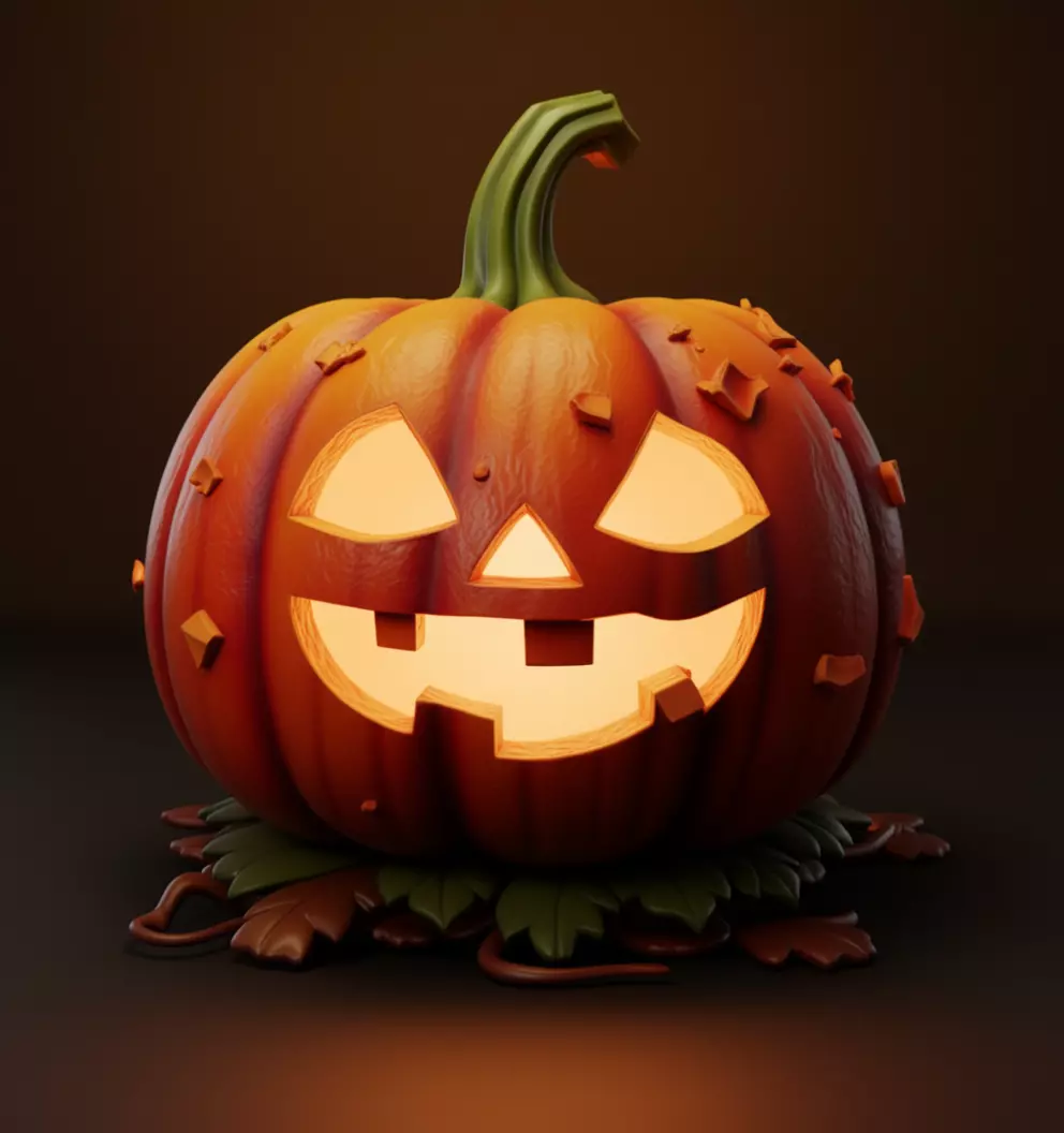 Glowing Jack-O 3D Halloween Pumpkin Face Leaves Low-poly 3D model_0