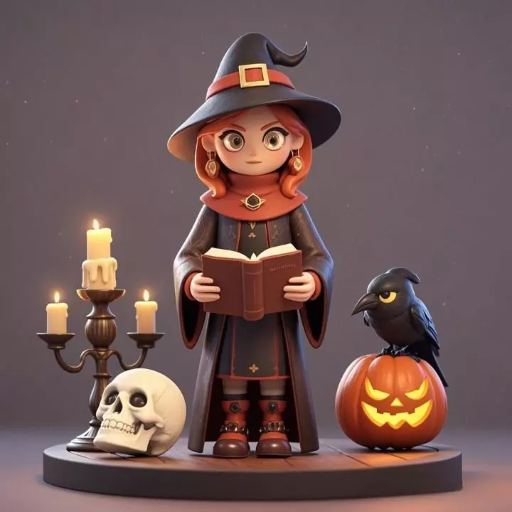 2414Halloween Witch with Skull Raven and Pumpkin 3D print model