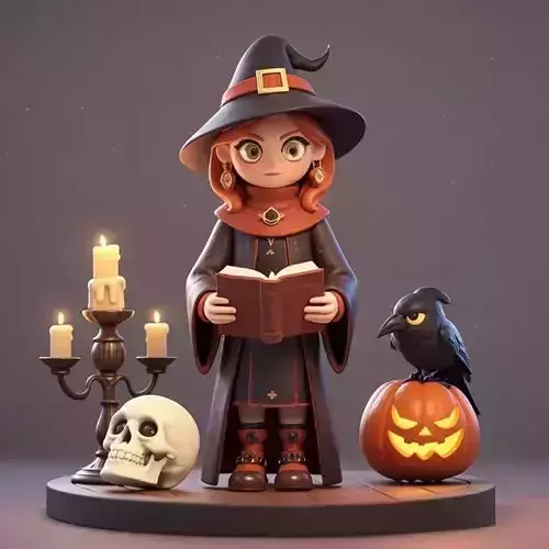 2414Halloween Witch with Skull  Raven and Pumpkin