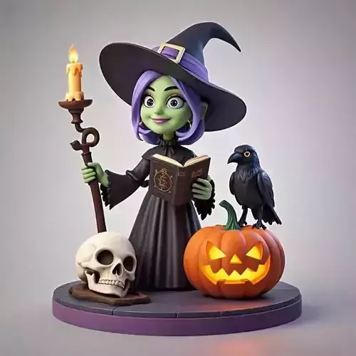 2415Halloween Witch with Skull  Raven and Pumpkin