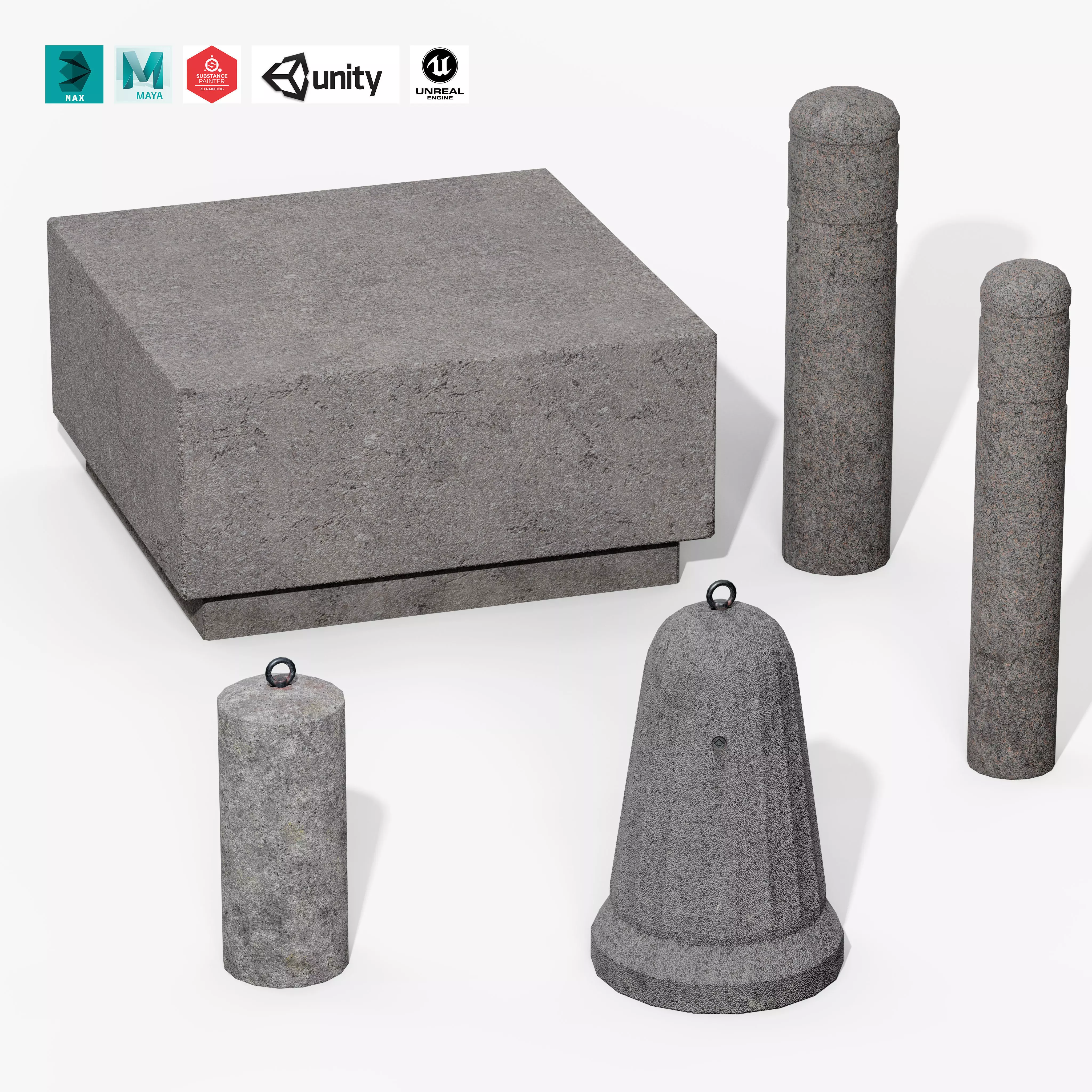 Granite Bollard Pack 3D Model Collection_0