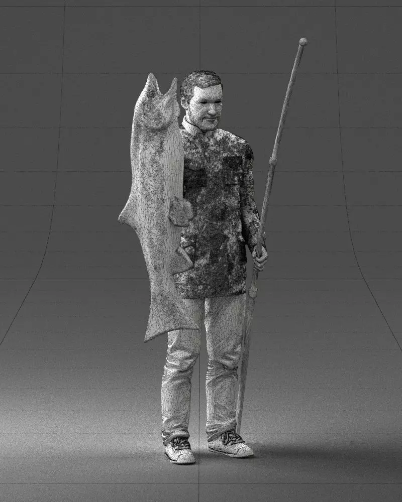 000290 Fisherman Holding Fish and Rod 0916 3D model_4