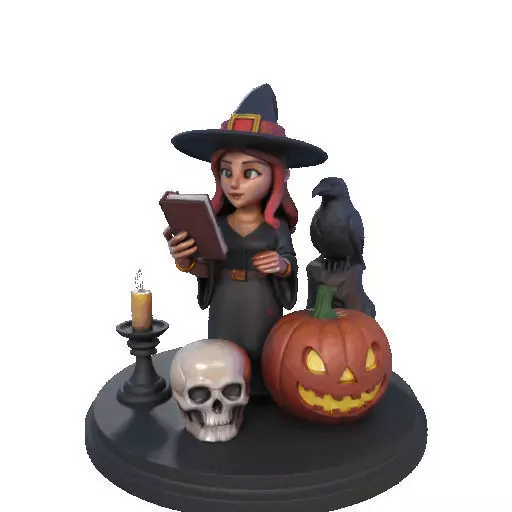 2416Halloween Witch with Skull Raven and Pumpkin 3D print model_8