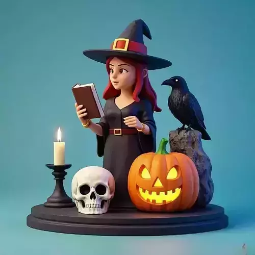 2416Halloween Witch with Skull  Raven and Pumpkin