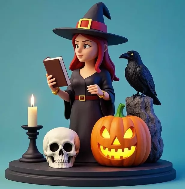 2416Halloween Witch with Skull Raven and Pumpkin 3D print model_4