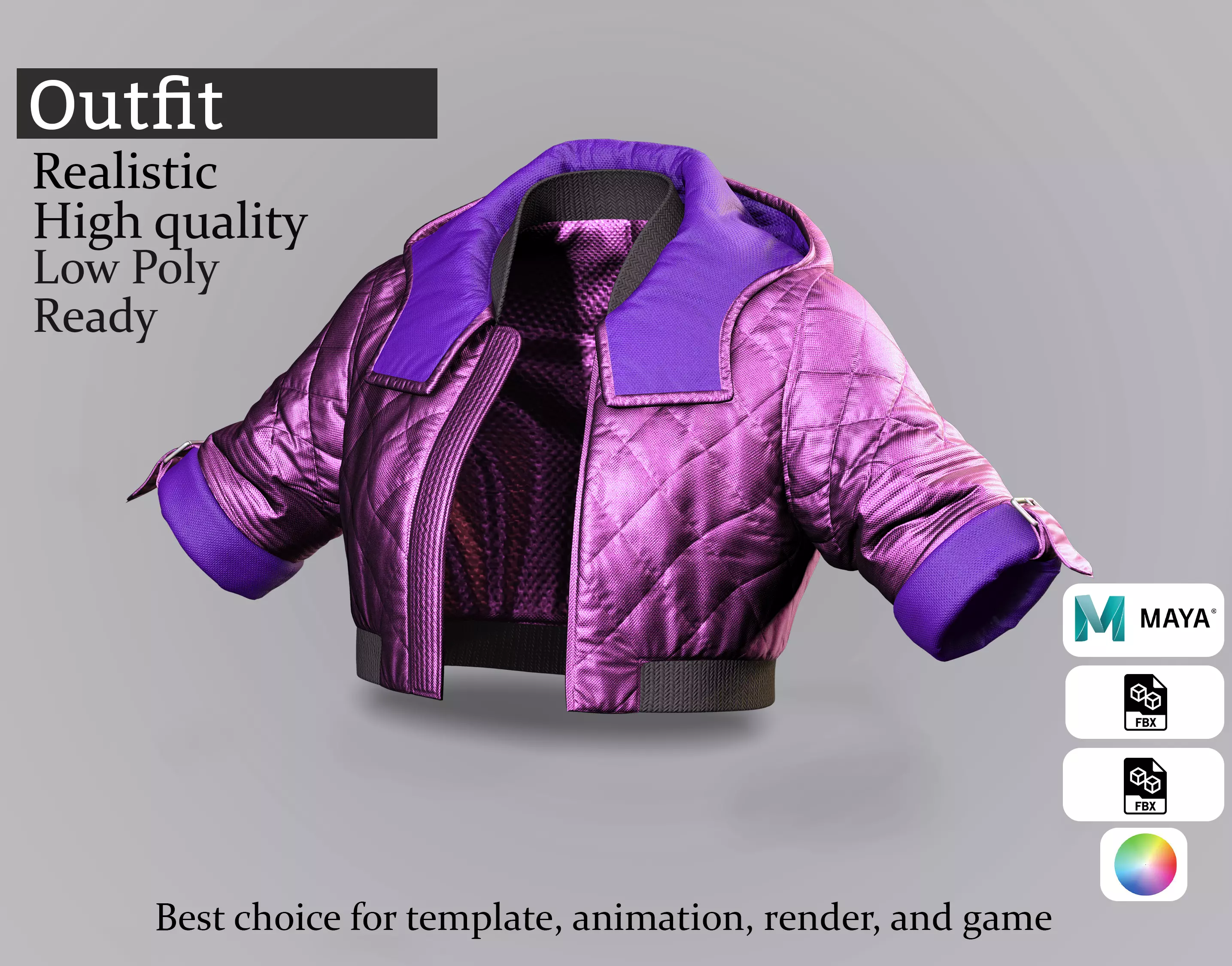 Purple Puffer Crop Jacket Low-poly 3D model