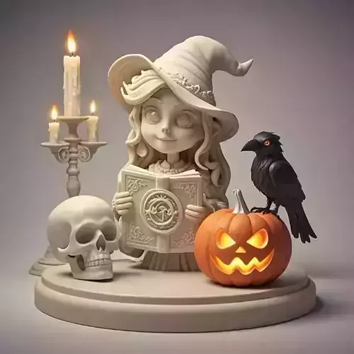 2417Halloween Witch with Skull  Raven and Pumpkin