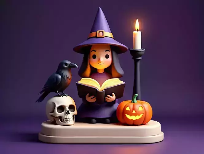 2418Halloween Witch with Skull  Raven and Pumpkin
