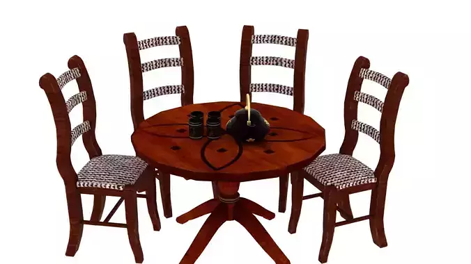 Rustic Wooden Dining Table  And Chairs  3D Furniture Set