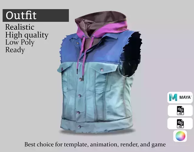 Hooded Denim Vest - Stylized PBR Game Outfit