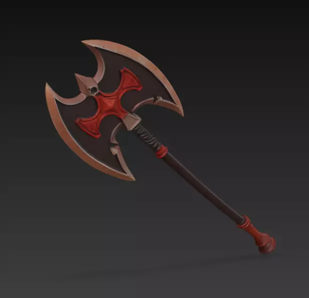 Warlord Double-Bladed Axe Fantasy Battle Axe Crimson Inlays Low-poly 3D model_0