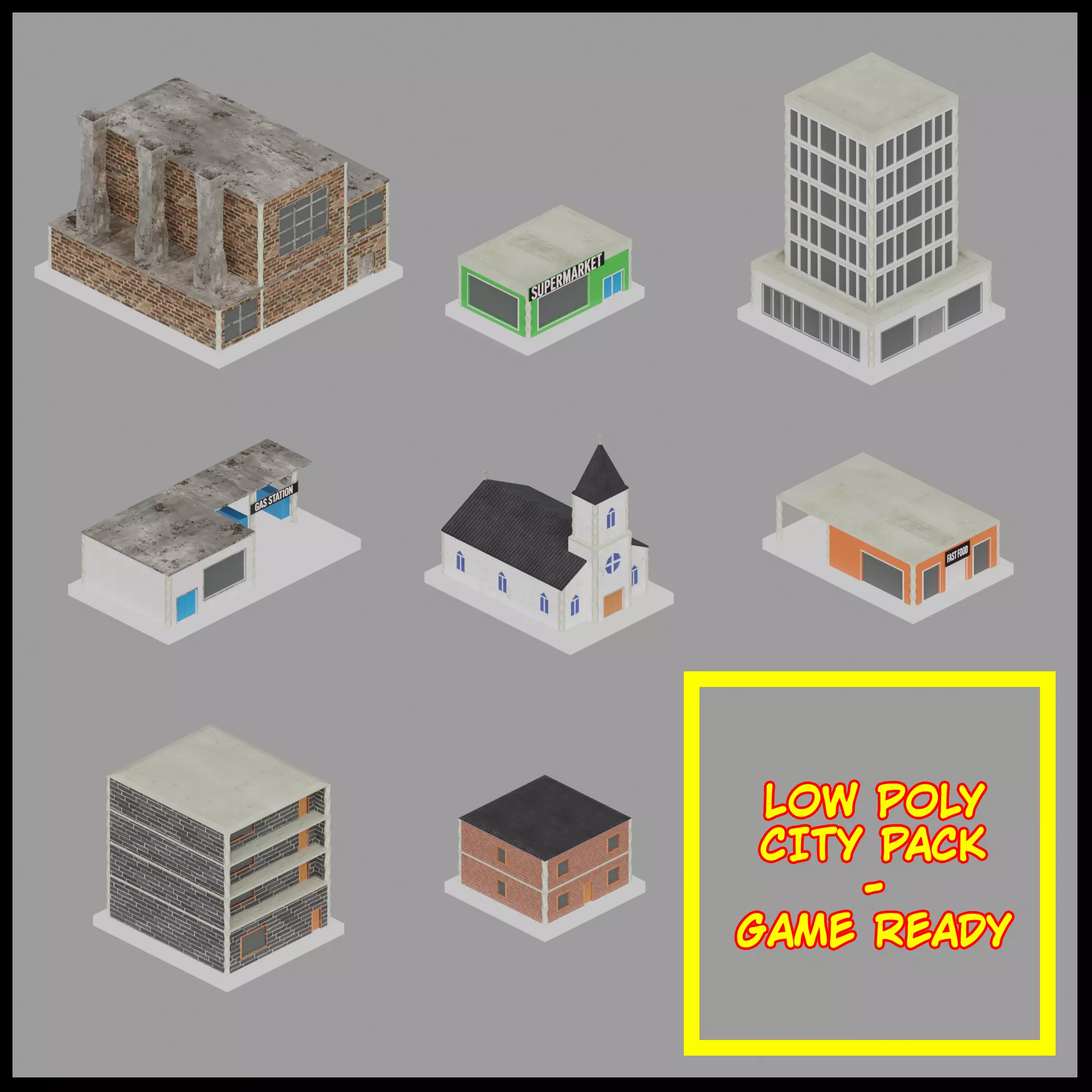 Low Poly City Pack Game Ready Buildings Low-poly 3D model_0