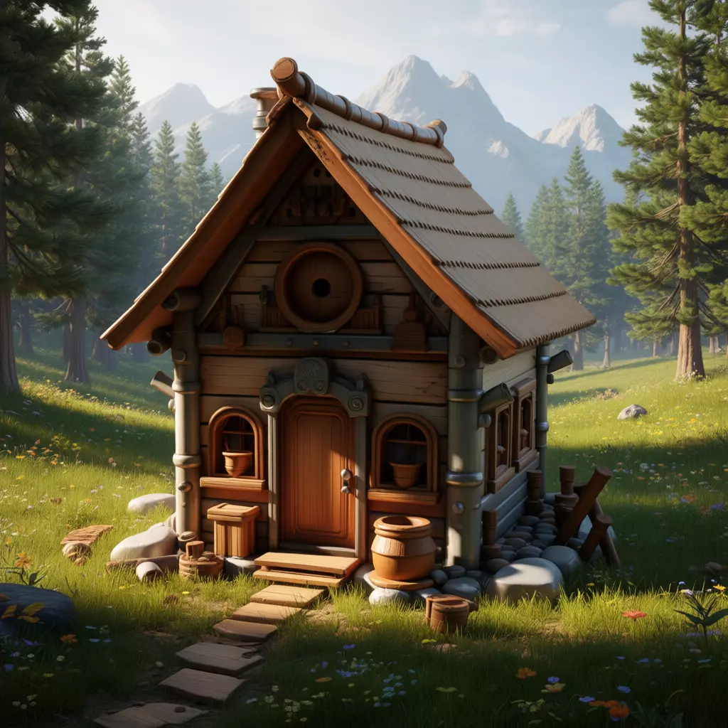 Enchanted Forest Cabin Whimsical Cartoon Log House Low-poly 3D model_0