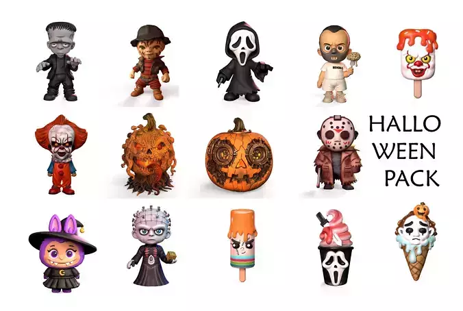 Set of Halloween characters and decorations 3D Model Collection