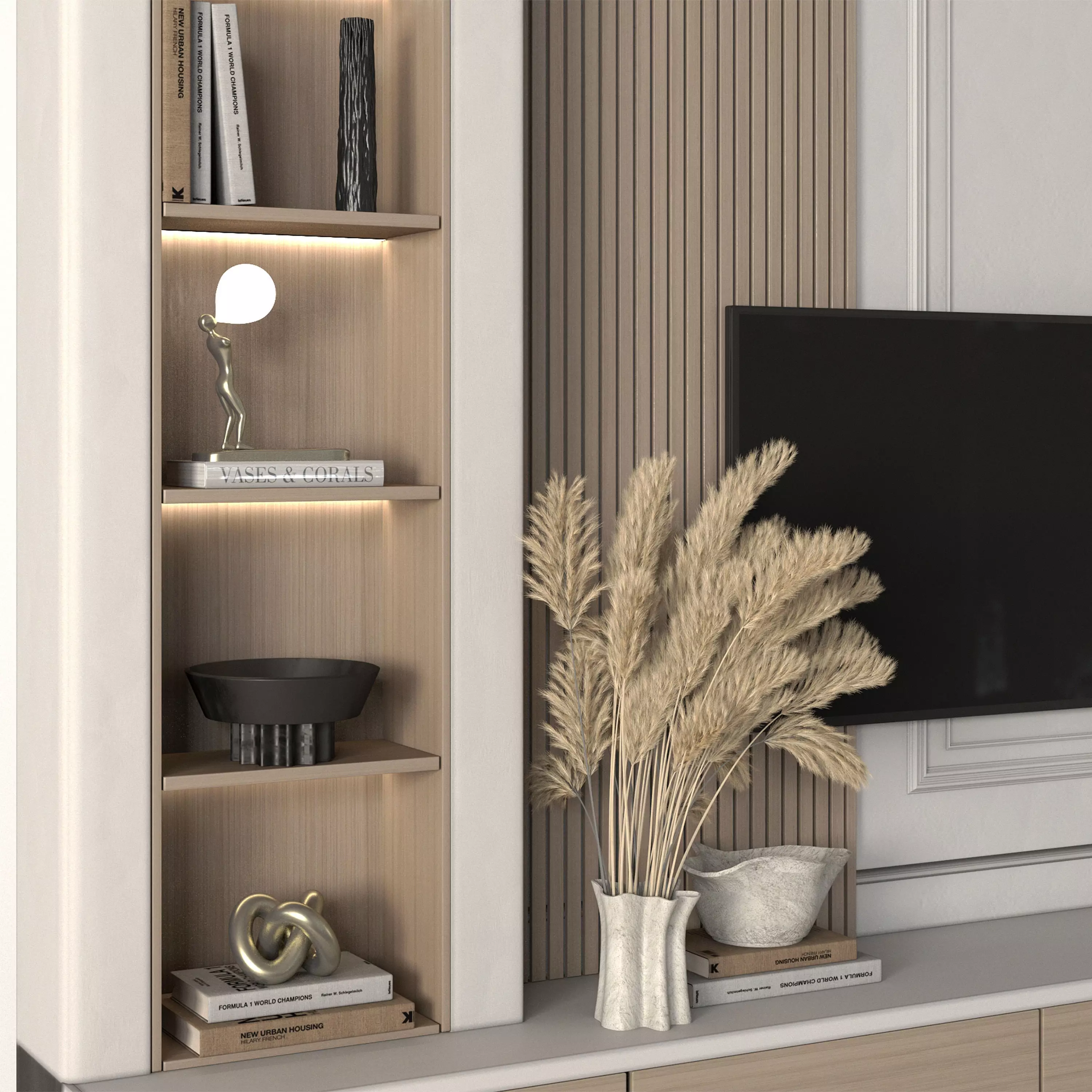 Tv Wall Wood and Plaste- Set 01 Low-poly 3D model_4