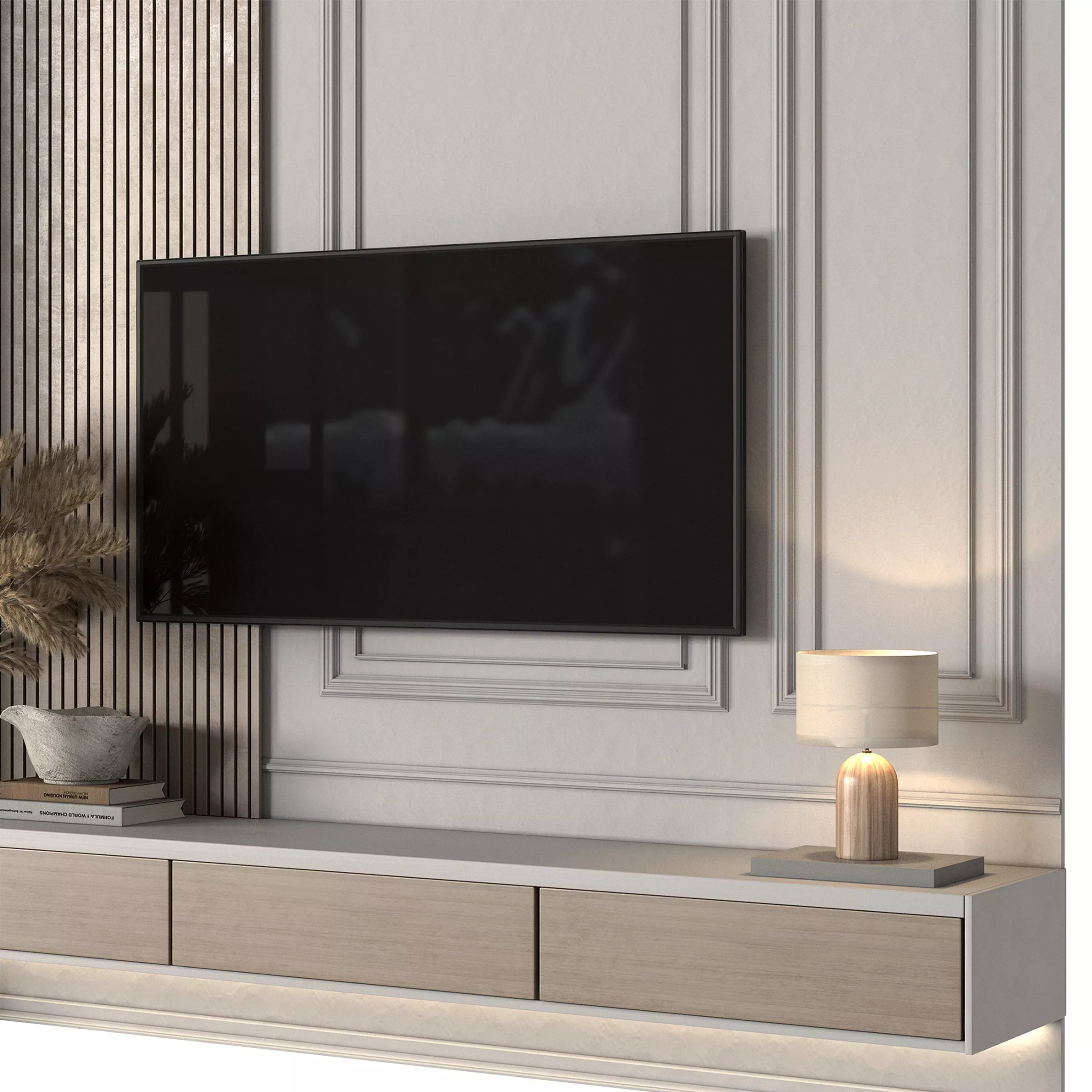 Tv Wall Wood and Plaste- Set 01 Low-poly 3D model_2