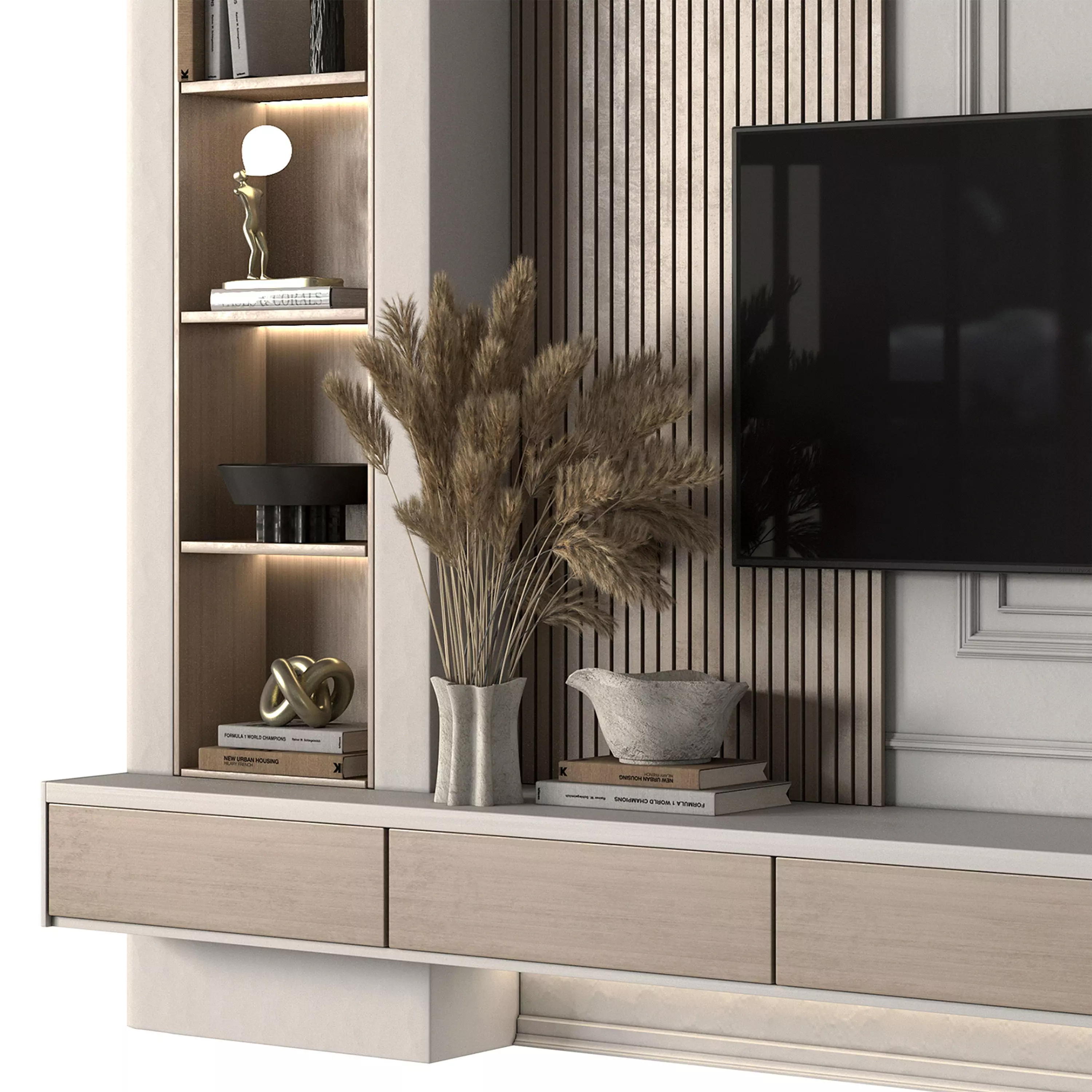 Tv Wall Wood and Plaste- Set 01 Low-poly 3D model_1