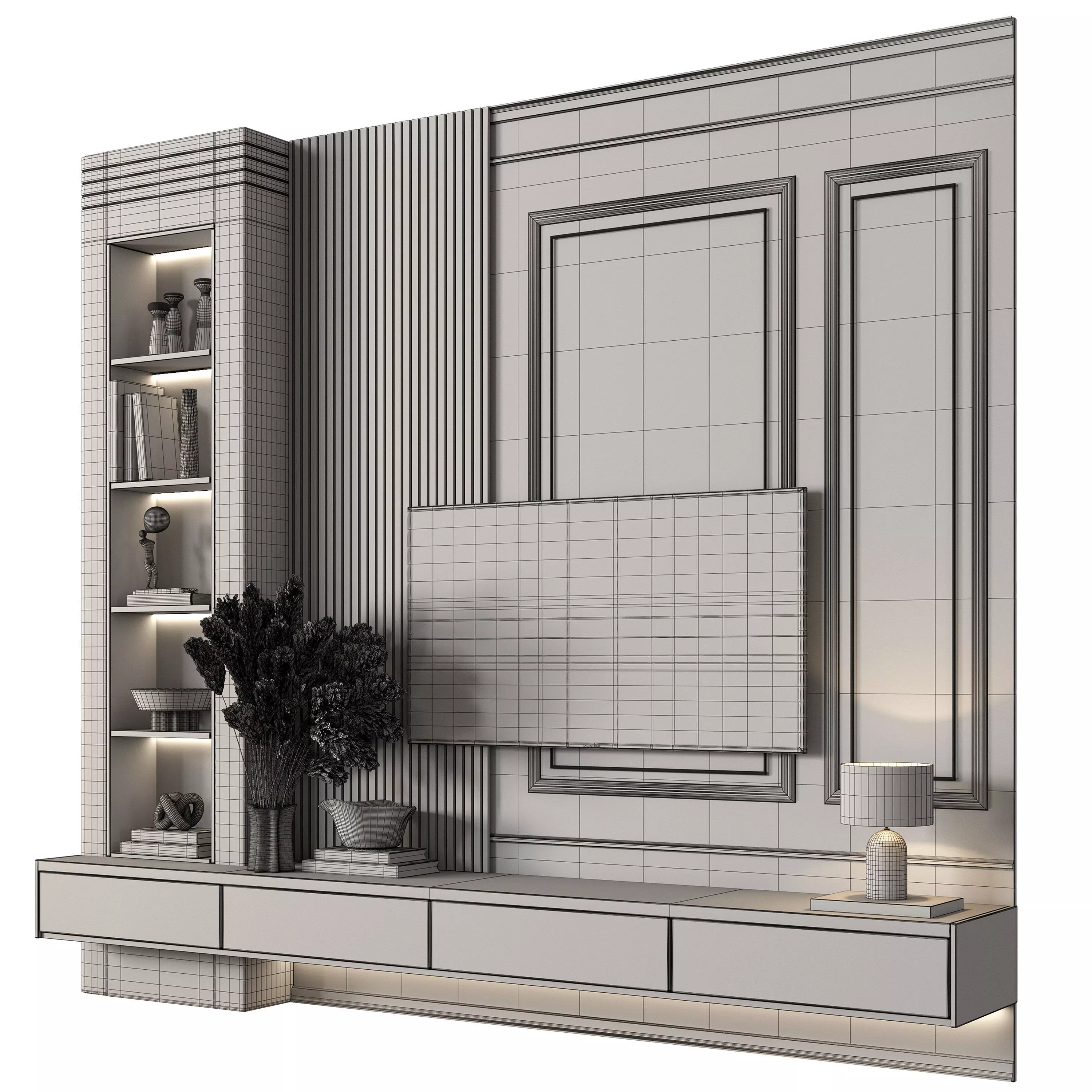 Tv Wall Wood and Plaste- Set 01 Low-poly 3D model_3