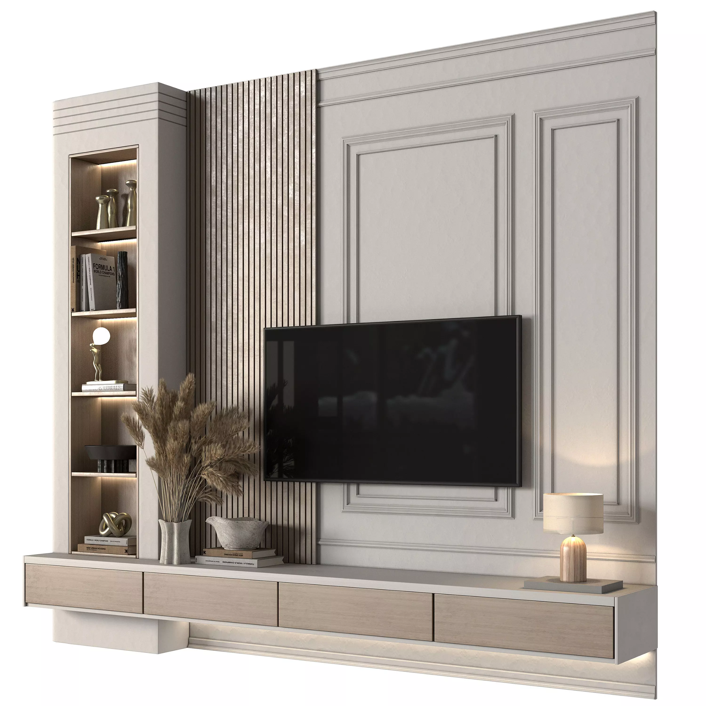 Tv Wall Wood and Plaste- Set 01 Low-poly 3D model_0