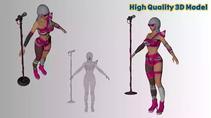 Stylized Female  Performer 3D Character Model with Microphone Low-poly 3D model